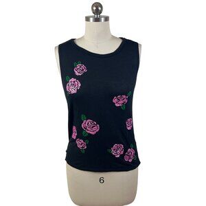 Y2K Show Stoppin Top Womens Small Black Pink Floral Rhinestone Cottage Goth Boho